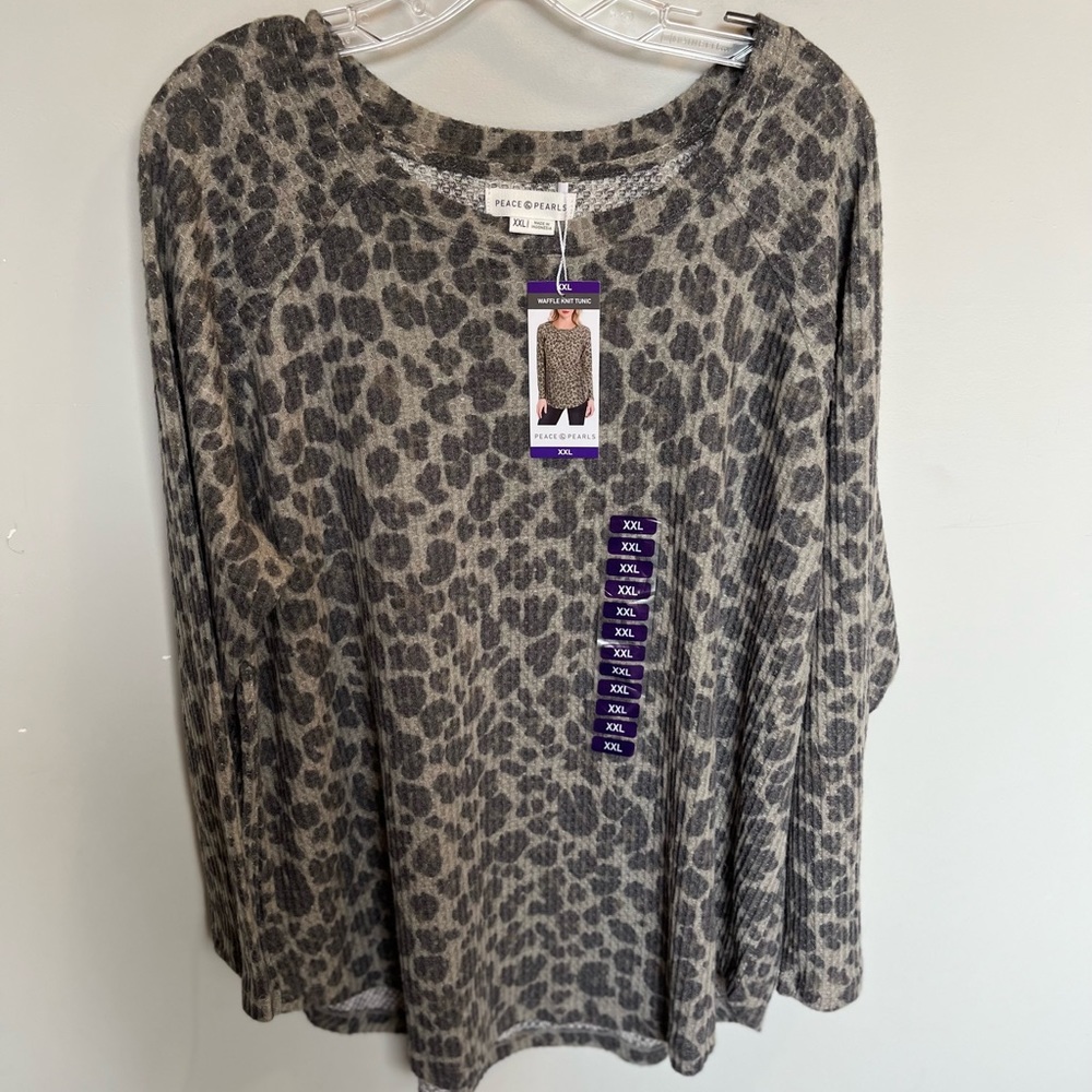 NWT Peace&Pearls Olive leopard print waffle knit tunic size 2X